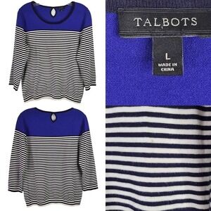 Talbots Sweater Women's Large Blue White Striped 3/4 Sleeve Pullover Sweater